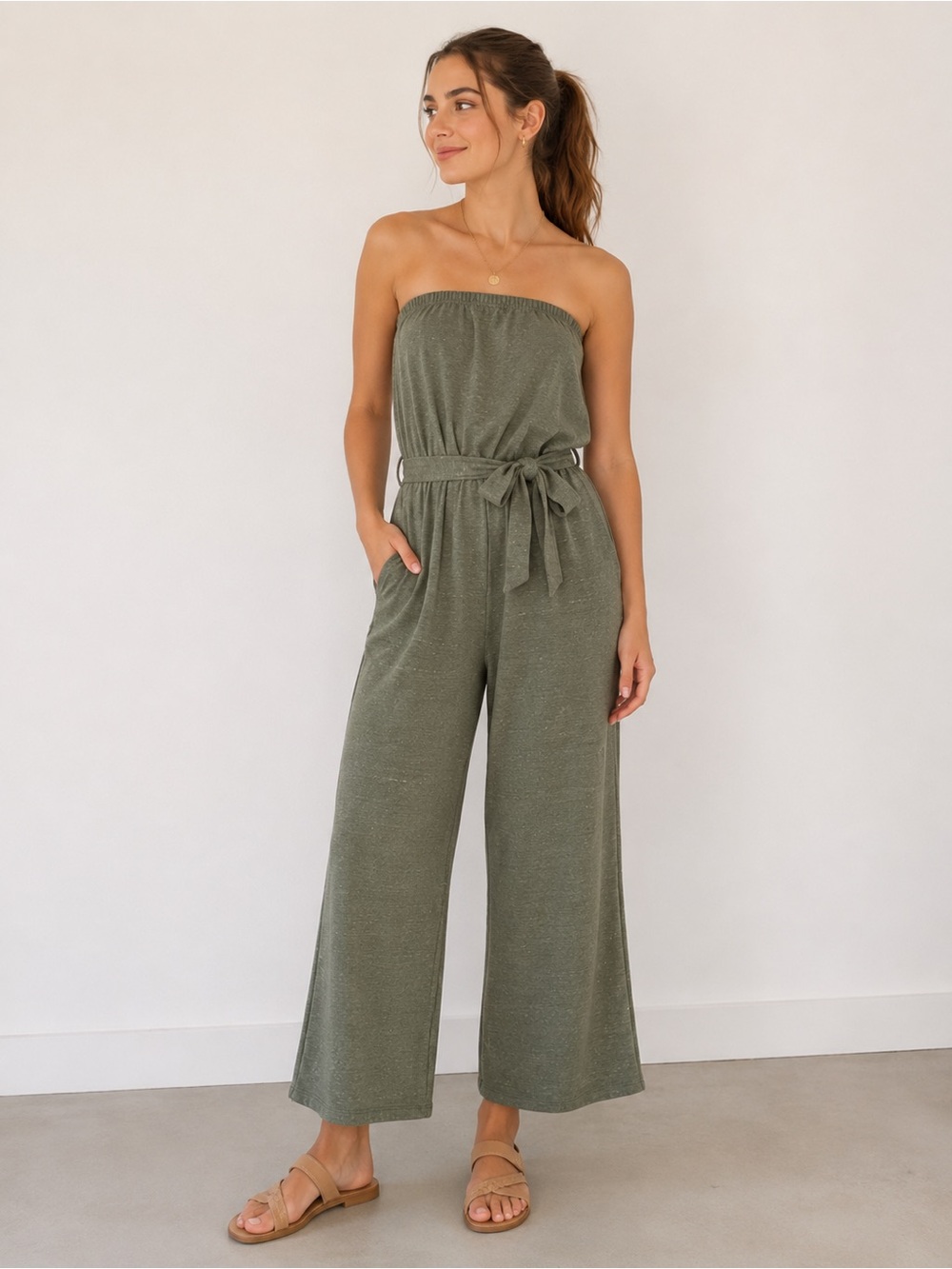 Obsessive Love Jersey Strapless Jumpsuit Wide Leg Tie Belt Khaki Green Sz Small